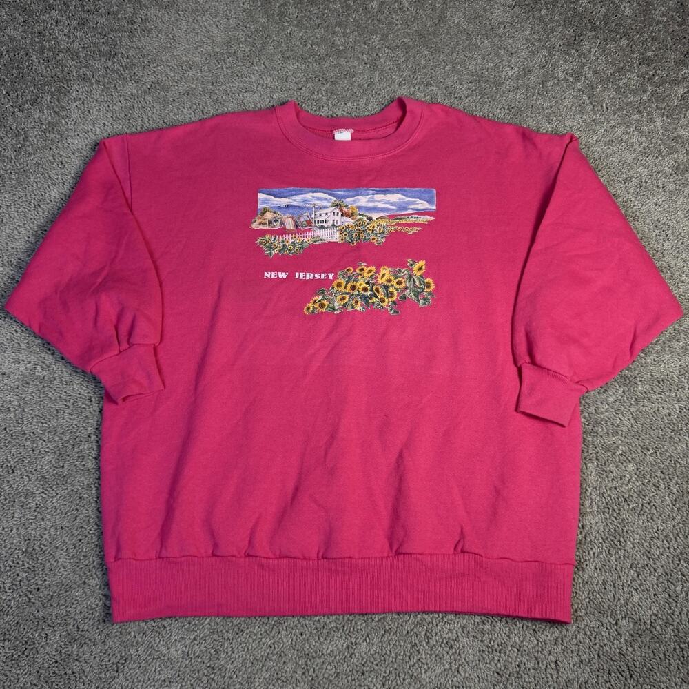 Vintage New Jersey Sweatshirt Womens 2XL Pink Sunflower Fleece Graphic USA